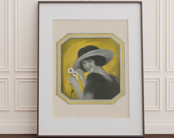 花を持つ女性のヴィンテージ画 / デジタルダウンロード / ヒナギクを摘む少女のアンティークイエローアートワーク 1920年代の帽子をかぶった女性の古いアートプリント