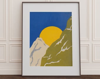 Vintage Berg Zeichnung / DIGITAL DOWNLOAD / Einfacher Minimal Kunstdruck Berg Zeichnung - Antike Illustration Kunstwerk Sonne oder Mond aufgehend Blau Grün