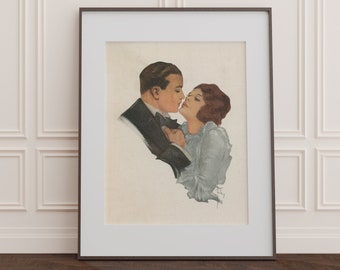 Acuarela de pareja antigua abrazándose / DESCARGA DIGITAL / Arte mural vintage romántico imprimible: hombre y mujer enamorados, amantes de la década de 1920