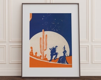 Couple dans le désert affiche vintage / téléchargement numérique / impression d'art romantique bleu et orange antique - imprimable des années 1930 - cactus au clair de lune