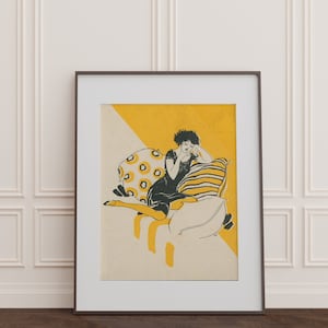 Lounging Woman Vintage Art Print / DIGITAL DOWNLOAD / Antique Yellow Wall Artwork of Curly Girl - Fun Feminine Vintage Decor Printable Art