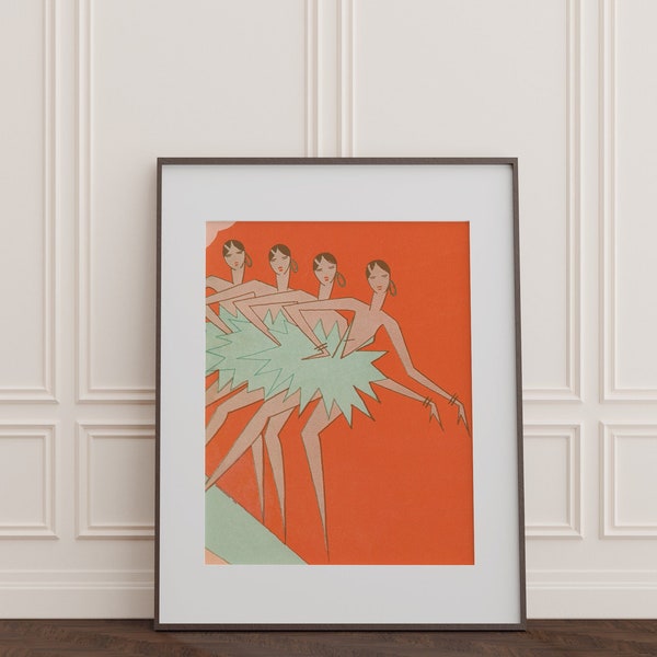 Dancing Flappers Vintage 1920s Art Print / DIGITAL DOWNLOAD / Antique Poster of Dancer Showgirls - Bright Graphic Illustration Charleston