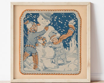 雪だるまを作る子供たちのヴィンテージイラスト / デジタルダウンロード / クリスマスに冬の雪の中で遊ぶ子供たちの正方形のアンティークアートワーク