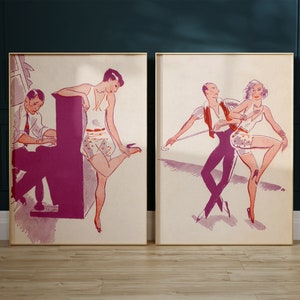 May include: Two vintage illustrations of dancers. The first illustration shows a woman in a pink and white swimsuit dancing with a man playing the piano. The second illustration shows a woman in a pink and white swimsuit dancing with a man in a black suit.