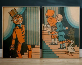 アンティークな子供部屋アートプリントセット / デジタルダウンロード / 1920年代のジャックとジルと人形のヴィンテージイラスト - 子供部屋の装飾に最適な2枚のプリント