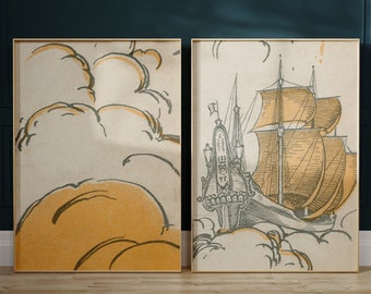 雲の中の船のヴィンテージ絵画プリントセット / デジタルダウンロード / オレンジ色の空に浮かぶ船のアンティークイラスト - 古いアートワークのギャラリーウォールプリント