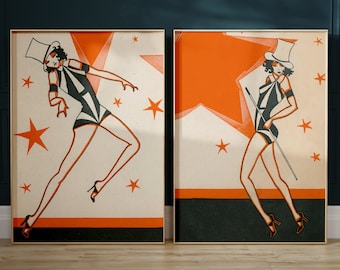 Paire de tirages d'art vintage Showgirl / TÉLÉCHARGEMENT NUMÉRIQUE / Ensemble d'oeuvres d'art anciennes de danseuses - Poster MCM de danses Art déco du milieu du siècle