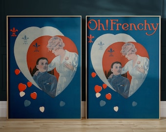 Oh! Frenchy ヴィンテージアートプリント / デジタルダウンロード / 第一次世界大戦時代の看護師と兵士の面白いアンティークアート - ブルーロマンティックな古い戦争アートの印刷可能なポスター