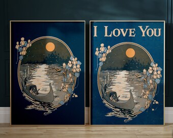 I Love You ヴィンテージプリント / デジタルダウンロード / ゴンドラに乗るカップルのネイビーブルーのロマンチックなアンティークイラストウォールアート - 修復されたアートワーク