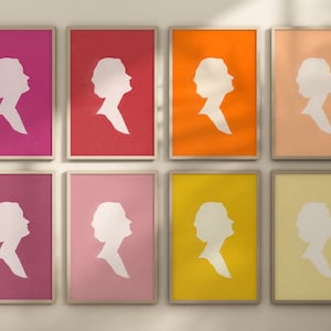 Vintage Woman Silhouette Print Set / DIGITAL DOWNLOAD / 19 Colors - Gallery Wall of Simple Antique Artwork - Rainbow Art Printable Colorful