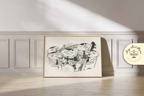 Vintage Jazz Band Art Print / DIGITAL DOWNLOAD / Antique Swing Ragtime Ensemble Illustration - Musical Artwork Drawing Printable Black White