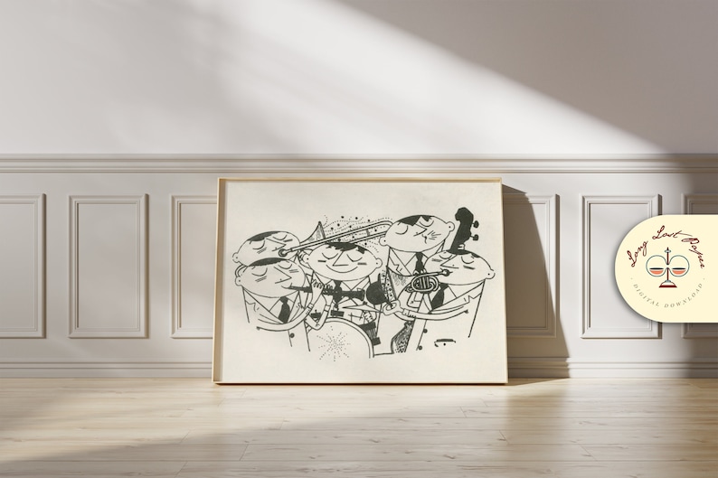 Peut inclure: Illustration en noir et blanc d'un groupe de jazz jouant de la musique. Le groupe est compos&eacute; de quatre musiciens, chacun avec une expression unique et jouant d'un instrument diff&eacute;rent. L'illustration est sur fond blanc.