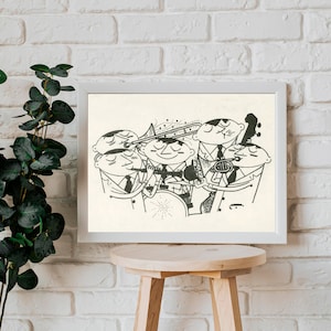 Peut inclure: Illustration en noir et blanc d'un groupe de musique jouant de la musique. Le groupe est compos&eacute; de cinq musiciens, chacun jouant d'un instrument diff&eacute;rent. Les musiciens sont dessin&eacute;s dans un style cartoon et sourient tous.