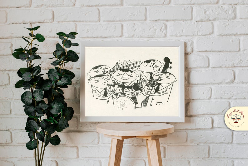 Peut inclure: Illustration en noir et blanc d'un groupe de musique jouant de la musique. Le groupe est compos&eacute; de cinq musiciens, chacun jouant d'un instrument diff&eacute;rent. Les musiciens sont dessin&eacute;s dans un style cartoon et sourient tous.
