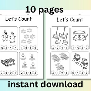 May include: Black and white printable worksheet with 10 pages of counting activities featuring winter-themed images like snowmen, snowflakes, sleds, and mittens. The worksheet has the text "Let's Count" at the top.