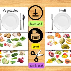 May include: Educational food chart featuring vegetables and fruits, each displayed with a plate, fork, knife, and spoon. The chart includes images of various vegetables and fruits, with the words "Vegetables" and "Fruit" at the top.