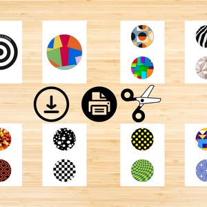 May include: A set of 12 printable round stickers with various geometric patterns. The stickers feature a variety of colors, including black, white, red, yellow, blue, green, and orange. The stickers are perfect for adding a touch of personality to your belongings.