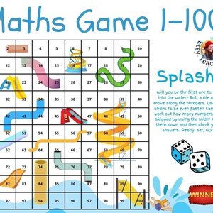 May include: A printable board game for children featuring a water park theme. The game board is a 10x10 grid with numbers 1-100. Players roll a die and move along the numbers, using slides to move faster. The game includes instructions and a winner's circle.