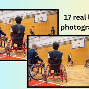May include: Four people in wheelchairs playing basketball in a gym. Two people are sitting in wheelchairs watching the game. The players are wearing black and white jerseys. The gym has a wooden floor and a basketball hoop.