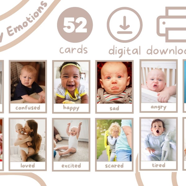 Tarjetas de descarga digital de emociones, sentimientos y expresiones del bebé, rostro real, salud mental, desarrollo cognitivo, comunicación - Hecho por maestros