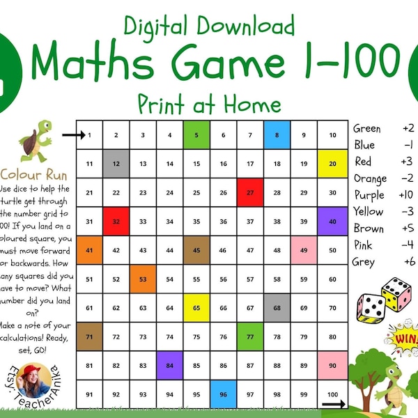 Maths Number 1 - 100 Board Game for Kids & Children, Addition and Subtraction, Plus, Minus, Dice, Print at Home Digital Download Key Stage 1