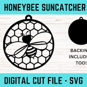 May include: Black and white digital cut file of a honeybee suncatcher. The bee is in the center of a honeycomb design. The file includes a backing.