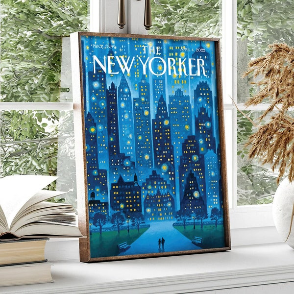 New Yorker Magazine Cover April 4 2022 Poster , Blue Trendy Art, Retro Poster, Retro City and Ligths Poster Print, Vintage Art
