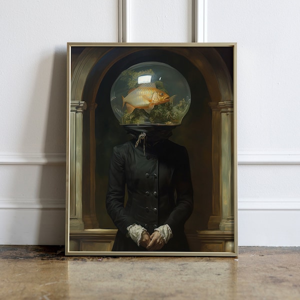 Fish Head Woman Victorian Vintage Painting  Altered Moody Poster Banksy Art Prints Renaissance Psychedelic Funky Alter Art Eclectic Wall Art