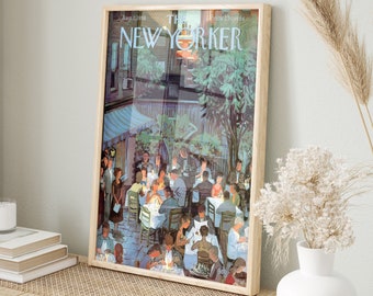 New Yorker Magazine Cover August 2 1958 Poster , Blue Trendy Art, Retro Poster, Retro Afternoon at Restaurant Poster Print, Vintage Art
