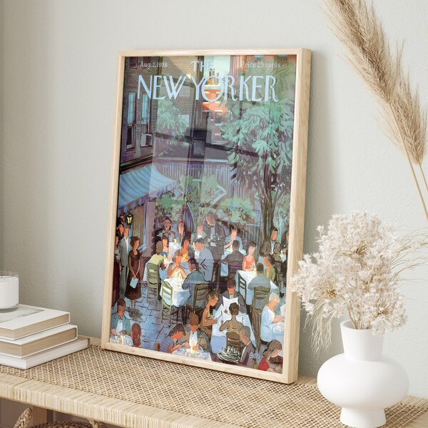 New Yorker Magazine Cover August 2 1958 Poster , Blue Trendy Art, Retro Poster, Retro Afternoon at Restaurant Poster Print, Vintage Art