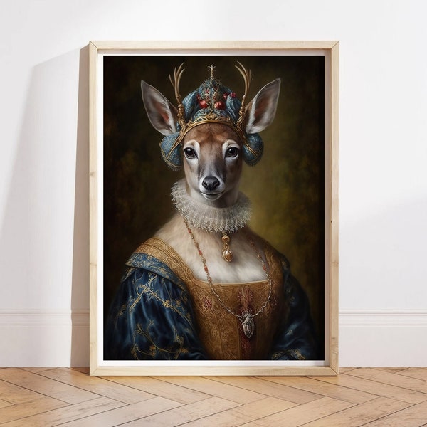 Hirsch Vintage Portrait, königliches Haustiergemälde, Renaissance Tierportrait, Tierkopf menschlicher Körper lustiges Poster, veränderter Kunstdruck, einzigartiger Druck
