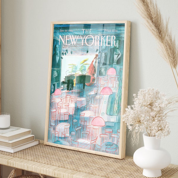 New Yorker Magazine Cover January 20 1986 Poster , Blue and Pink Trendy Art, Retro Poster, Retro Bar and Music Poster Print, Vintage Art
