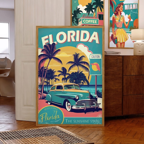 Florida Sunset Retro Travel Poster, World Travel Art, Vintage Colorful Wall Art, Summer Palm and Sun Wall Decor, DIGITAL DOWNLOAD