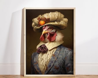 Portrait vintage de M. Chicken, cadeau drôle pour les amoureux des animaux, portrait d'animal Renaissance, affiche drôle de poulet, impression d'art unique