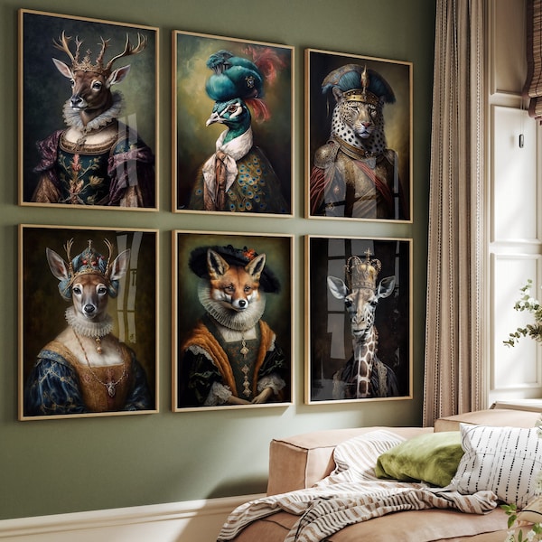 Ensemble mural de galerie de portraits d'animaux victoriens de 6, peinture animale royale, portrait d'animaux de la Renaissance, affiche drôle d'animal, impression d'art modifiée