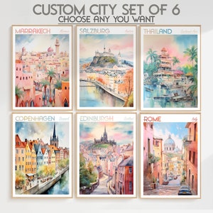 Custom Set of 6 Watercolor City Prints, ANY city ANY country City Prints Travel Poster, Personalised Printables, Digital Downlaod