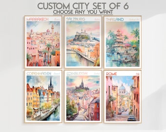 Benutzerdefiniertes Set mit 6 Aquarell-Stadtdrucken, JEDE Stadt, JEDES Land, Stadtdrucke, Reiseposter, personalisierte Ausdrucke, digitaler Download