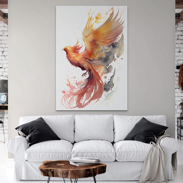 Watercolor Painting of a Flowing Phoenix Bird Flying upwards, subtle warm colors. Digital Download, Artwork, Printable 04
