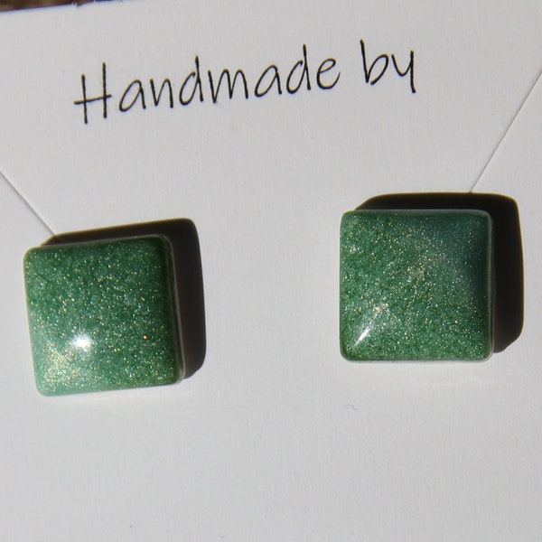 Shades of green resin stud earrings. Gifts for her. Jewellery.