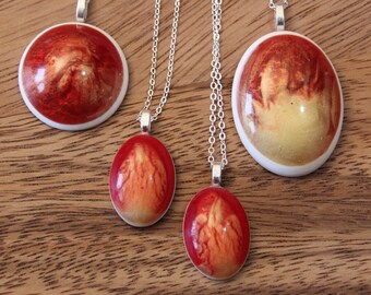 Red and gold resin pendants on silver plate chains. Gifts for her. Jewellery.