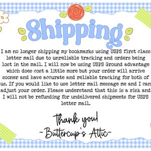May include: A blue and white gingham patterned background with a white, scalloped-edged frame. The word "Shipping" is written in blue script. The text explains changes to shipping methods.