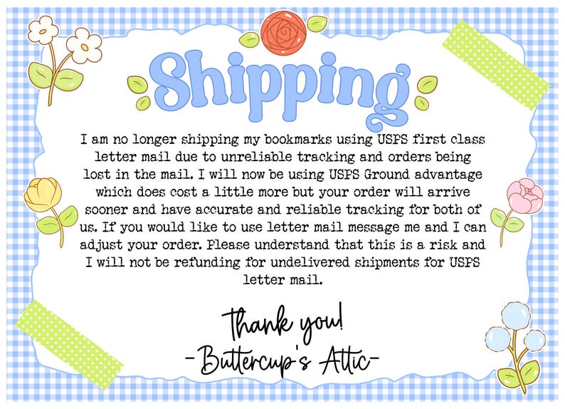 May include: A blue and white gingham patterned background with a white, scalloped-edged frame. The word "Shipping" is written in blue script. The text explains changes to shipping methods.