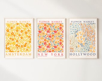 Flower Market Print Set Of 3, Orange Wall Art, Set Of 3 Botanical Wall Art, New York Poster, Gallery Flower Print Set