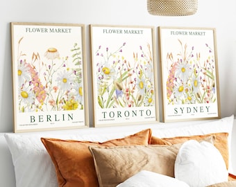 Conjunto de arte de parede de flores silvestres com 3 impressões, impressões personalizáveis, impressões botânicas, mercado de flores, arte para impressão, pôsteres para impressão, presentes para casa