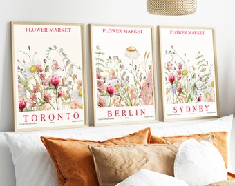 Conjunto de arte de parede de flores silvestres com 3 impressões, impressões personalizáveis, impressões botânicas, mercado de flores, arte para impressão, pôsteres para impressão, presentes para casa