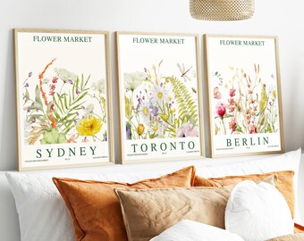 Conjunto de arte de parede de flores silvestres com 3 impressões, impressões personalizáveis, impressões botânicas, mercado de flores, arte para impressão, pôsteres para impressão, presentes para casa
