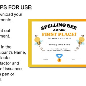 Spelling Bee Certificate Printable Spelling Bee Award - Etsy