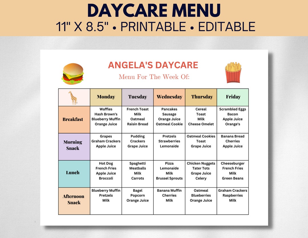 Editable Daycare Weekly Menu Template, Daycare and Preschool Menu, Home ...