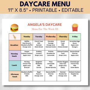 Editable Daycare Weekly Menu Template Daycare and Preschool - Etsy
