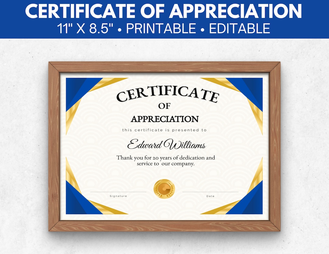 Editable Certificate of Appreciation Template, Printable Certificate of ...